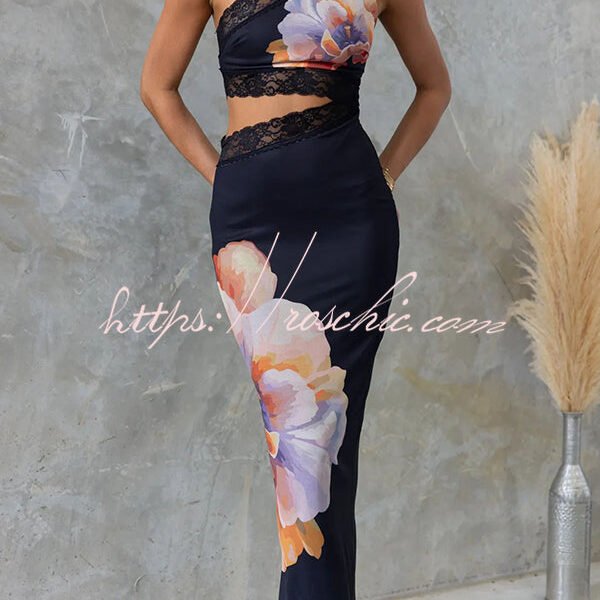 Irae Mesh Floral Print One Shoulder Cutout Lace Trim Stretch Maxi Dress
