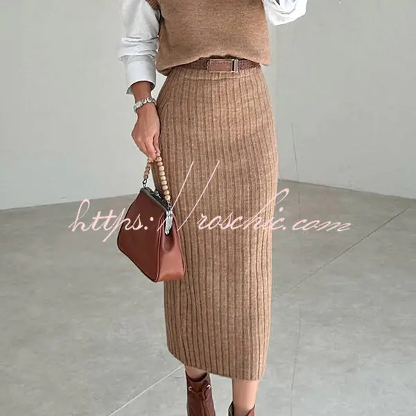 Triko Knit Short Sleeve Sweater and Stretch Ribbed Midi Skirt Set