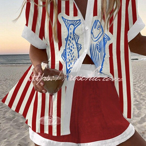 Striped Fish Print Loose Button Elastic Waist Shorts Set