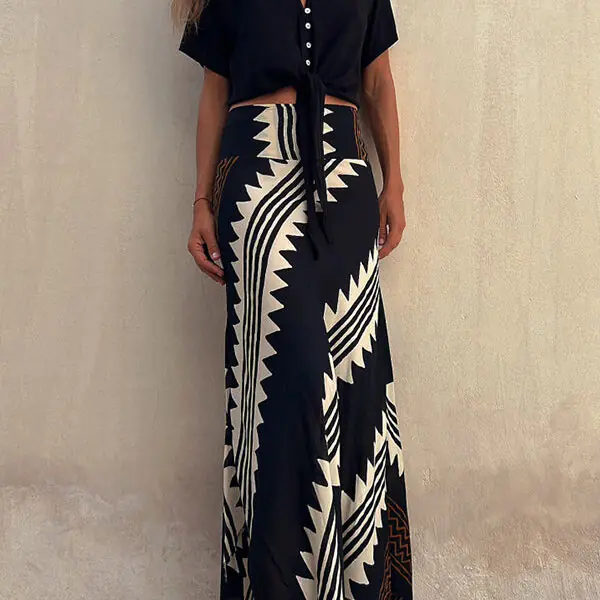 Eva Satin Geometric Print Elastic Waist Maxi Skirt