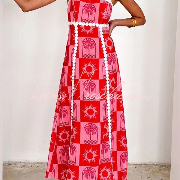 Holiday Style Unique Print Sexy Sling Open Back Lace Up Maxi Dress