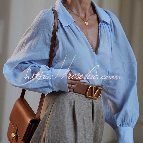 All Round Comfort Linen Blend V-neck Balloon Sleeve Loose Blouse
