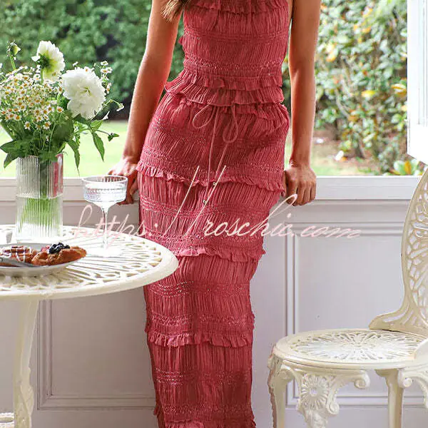 Feel Chic and Romantic Sequin Textured Material Back Elastic Halter Tie Tank and Drawstring Waist Tiered Maxi Skirt Set