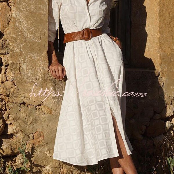 Check Print Belt Button Pocket Long Sleeve Midi Dress