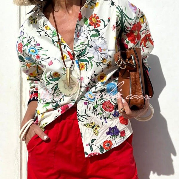 Fabulous Fiesta Satin Floral Unique Print Button Down Oversized Blouse