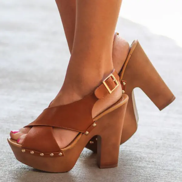 Brown Slingback Shoes Peep Toe Chunky Heel Studded Platform Sandals