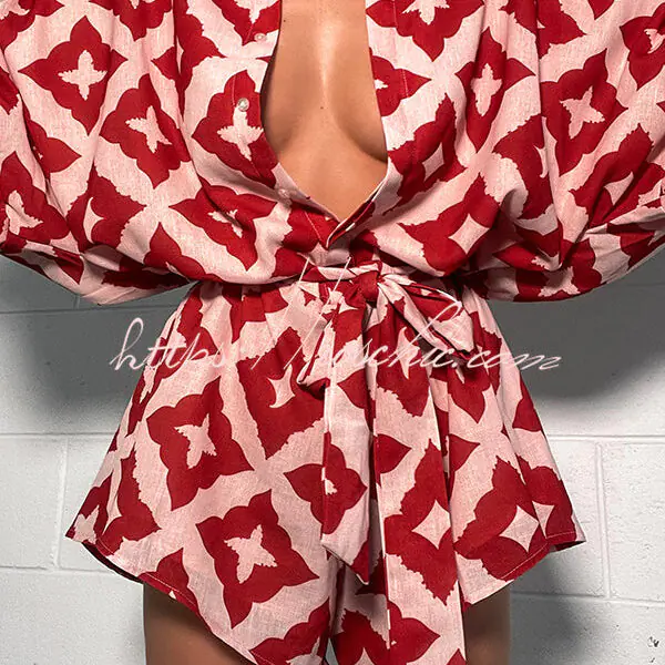 Porticia Linen Blend Unique Print Button Belted Loose Shirt Romper