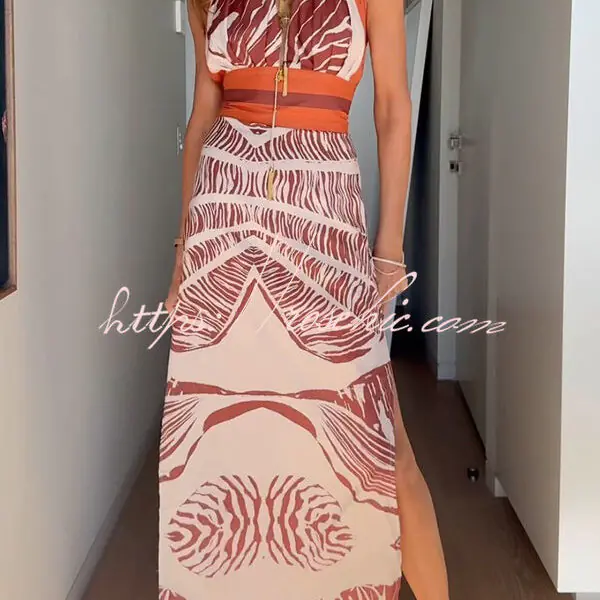 Vacay Bound Linen Blend Unique Botanical Print Halter Maxi Dress