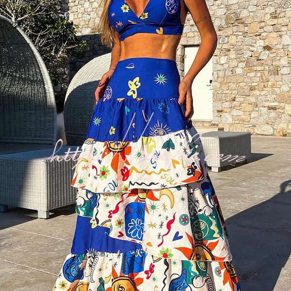 Unique Printed Suspenders Top and Loose Paneled Beach Maxi Skirt Set