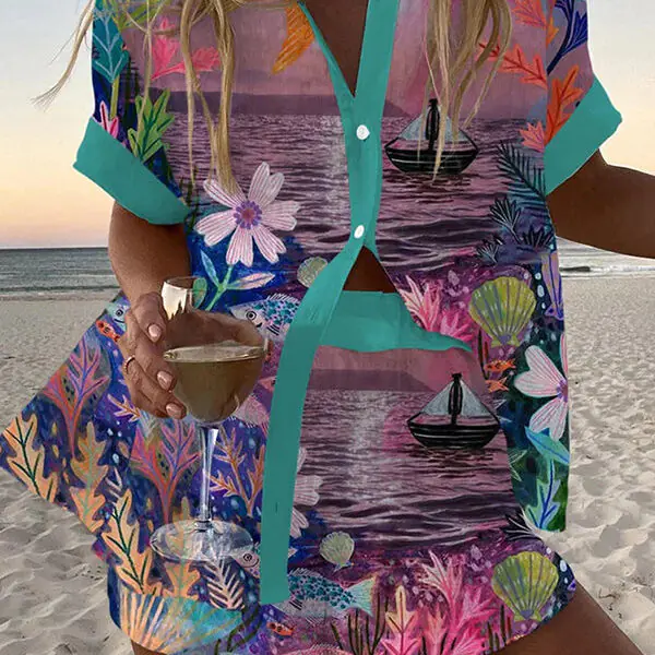 Ocean Vacation Print Loose Buttoned Elastic Waist Shorts Set