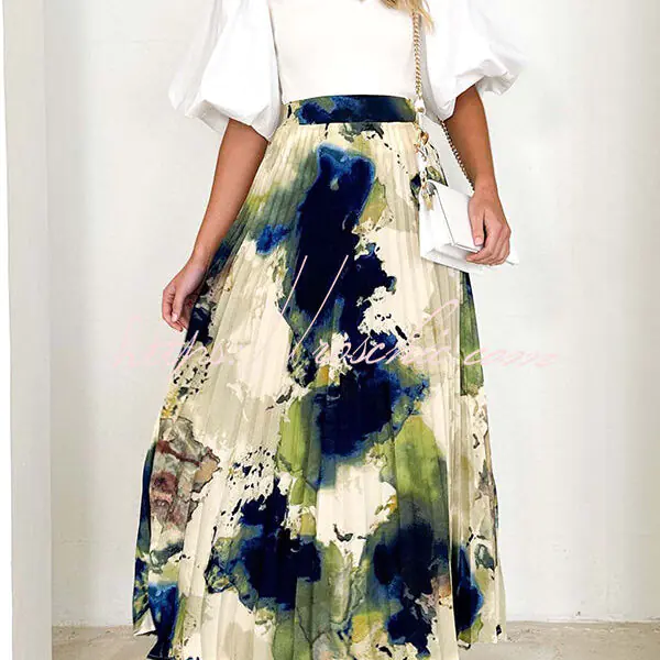 Abstract Art Paint Print Stretch Waist Pleated Skirts