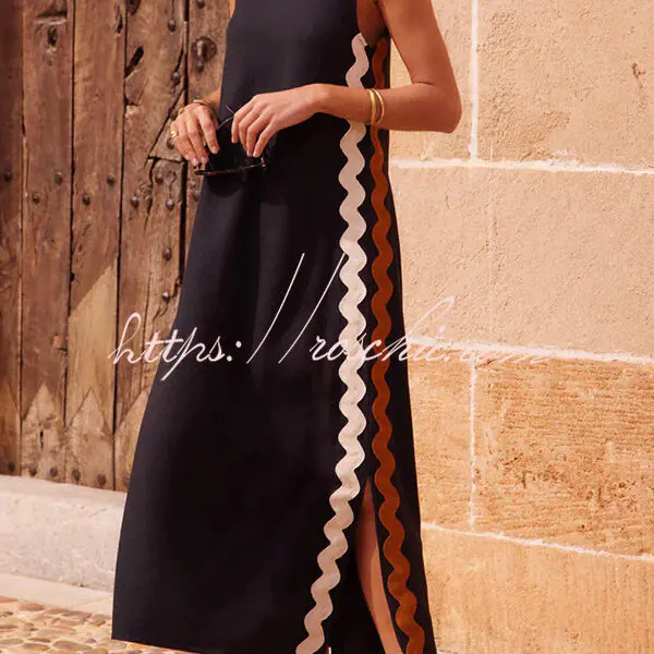 Vacation Villa Side Ric Rac Wave Trim Slit Loose Maxi Dress