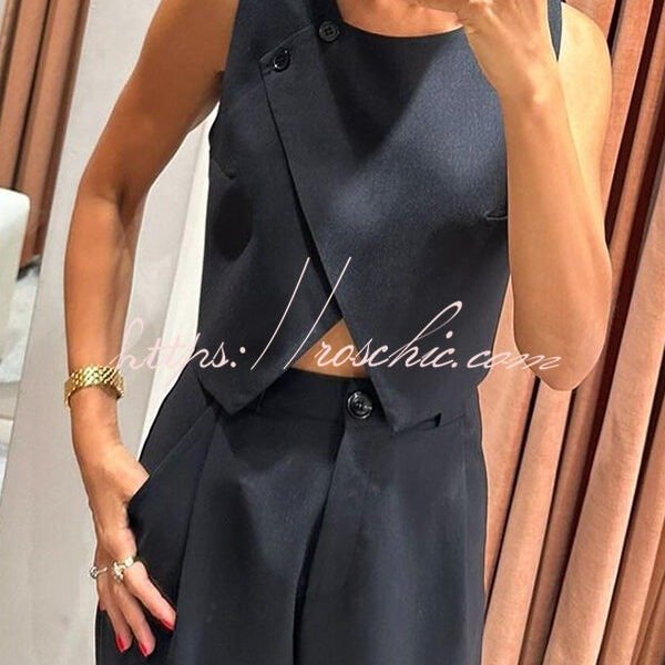 Balvin Linen Blend Cross Button Neck Crop Vest and High Rise Pocketed Pants Set