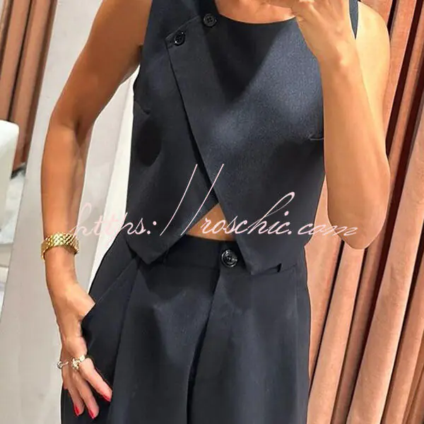 Balvin Linen Blend Cross Button Neck Crop Vest and High Rise Pocketed Pants Set