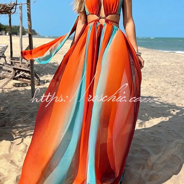 Variety of Styles Tulle Printed Ring Hollow Design Slit Vacation Maxi Dress