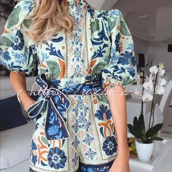 Elouise Linen Blend Unique Print Button Puff Sleeves Tie-up Pocketed Romper