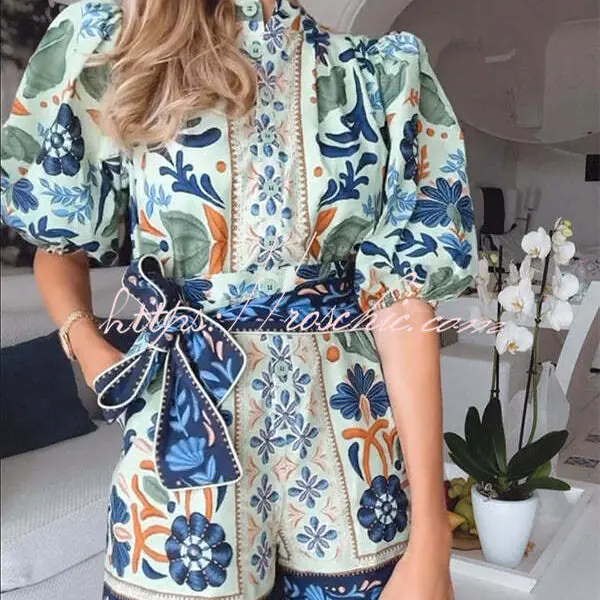 Elouise Linen Blend Unique Print Button Puff Sleeves Tie-up Pocketed Romper