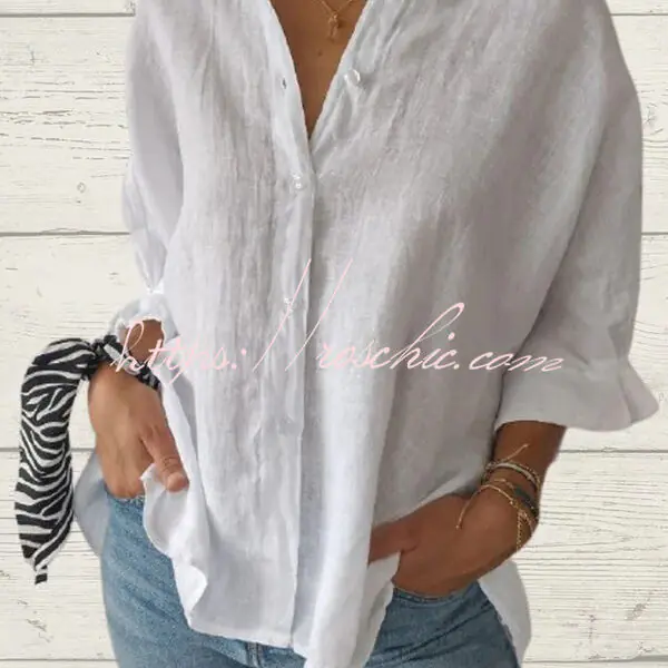 Linen Blend Solid Color Tie Back Loose Shirt Top
