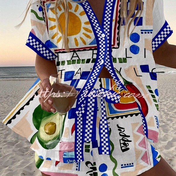 Geometric Print Loose Button Elastic Waist Shorts Set