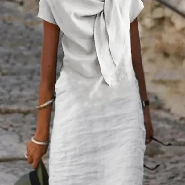 Linen Blend Solid Short-sleeved Adjustable Tie-neck Mini Dress