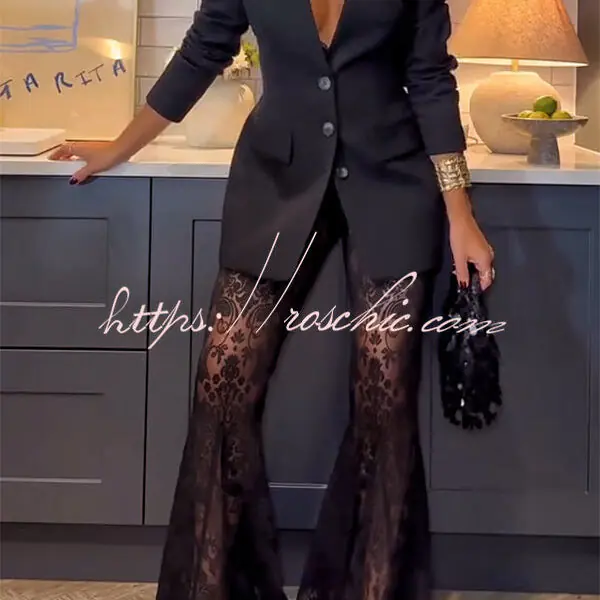 Ready for Tonight Unique Pattern Lace Fishtail Hem Stretch Pants