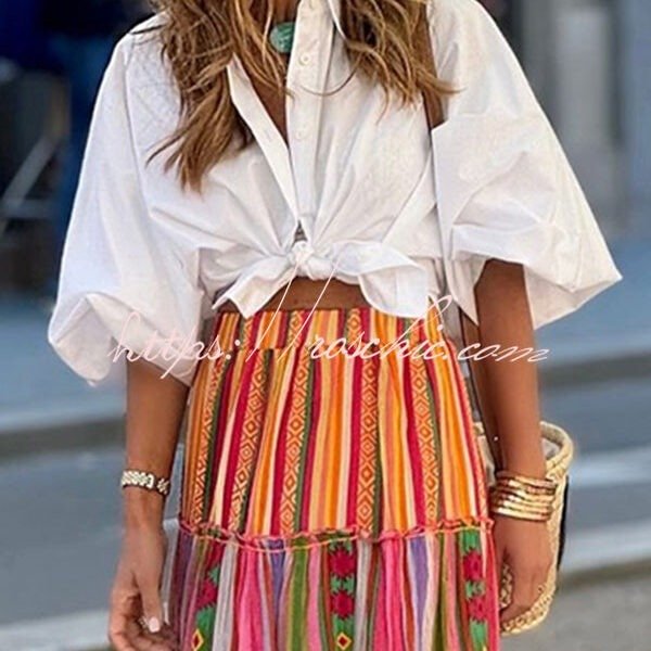 Solid Color Loose Lantern Sleeve Casual Shirt Top