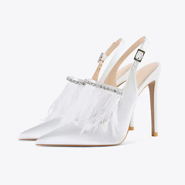 White Satin Slingback Pumps Rhinestone Feather High Heel Bridal Shoes
