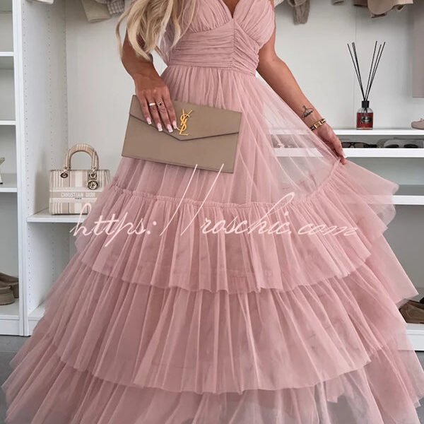 Romantic Movie Tulle Ruched Tiered Hem Slip Maxi Dress