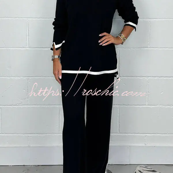 Solid Color V-neck Long-sleeved Loose Top and Elastic Waist Wide-leg Pants Set