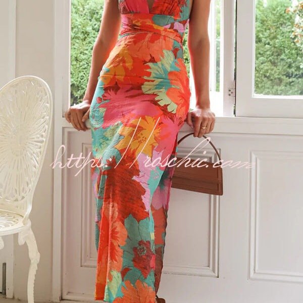 Unique Printed V-neck High Waisted Slit Maxi Dress