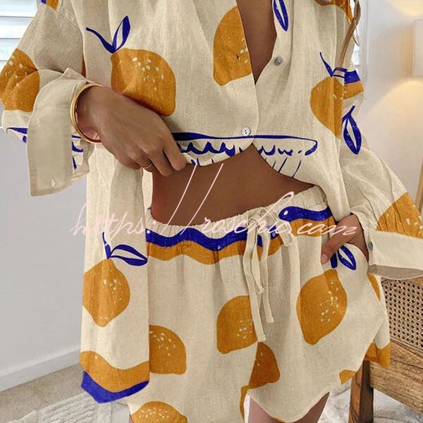 Elegant Lemon Print Button Up Lace Up Pocket Shorts Set