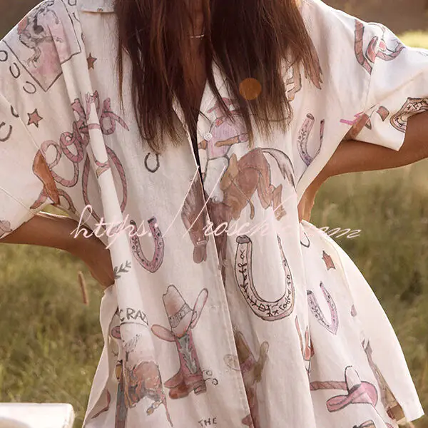 Eye-Catching Western Print Linen Blend Outfit for Women