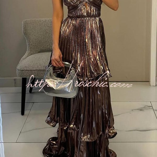 Seize The Gorgeous Pleated Metallic Fabric Cutout Tiered Maxi Dress