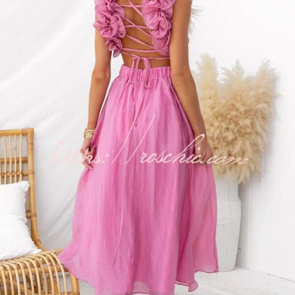 Luxe Lady Floral Ruffle Detail Back Lace-up Elastic Waist Maxi Dress
