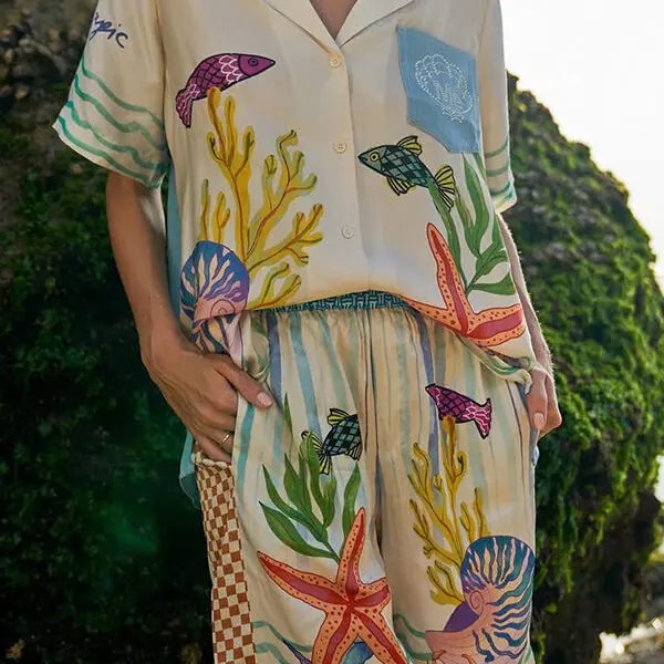 Coastal Seashell Satin Unique Print Pocket Loose Shirt and Elastic Waist Shorts Set