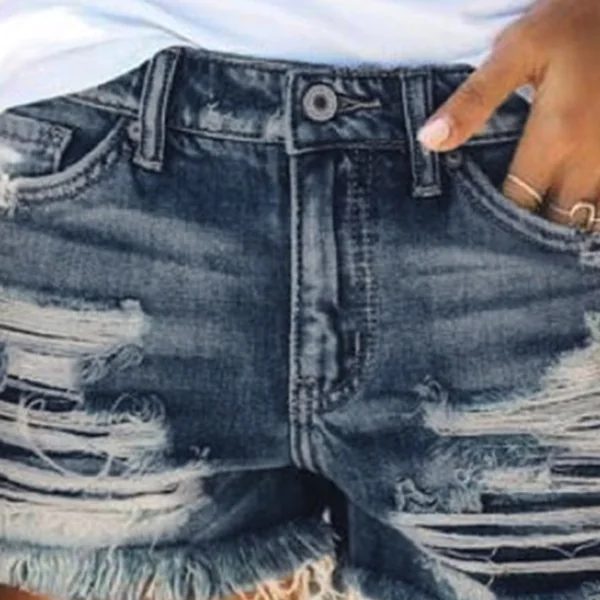 Casual Solid Ripped Mid Waist Straight Denim Shorts