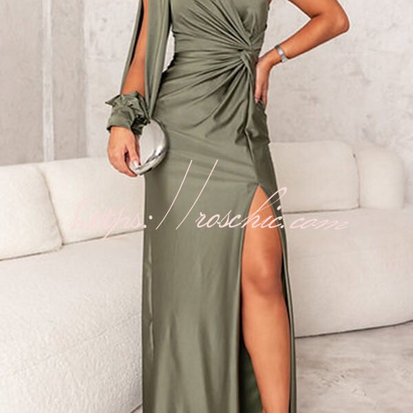 Country Party Charm Satin One Shoulder Twist Detail Slit Maxi Dress
