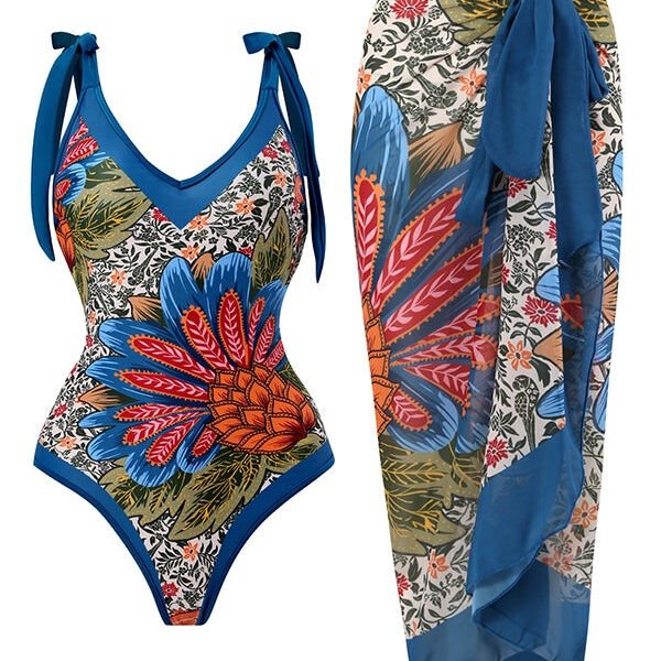Full of Sunshine Printed Shoulder Tie One-Piece Swimsuit with Midi Cover-up Skirt