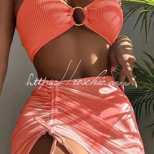 Commuting Style Suspender Pleated Hoop Three Pieces Swimsuit Set