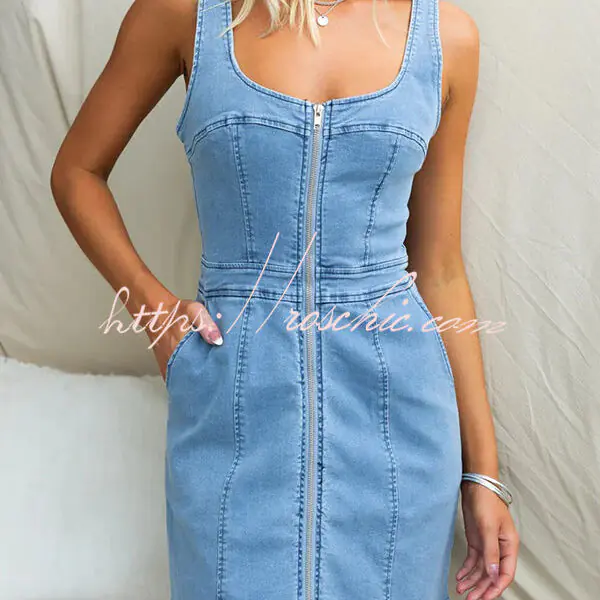 Nylah Denim Front Center Zipper Princess Line Pocket Stretch Mini Dress
