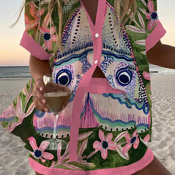 Floral Print Loose Buttoned Elastic Waist Shorts Set