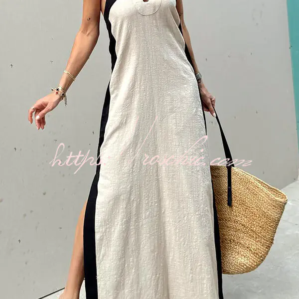 Island Bay Breeze Linen Blend Color Block Halter Neck Slit Maxi Dress