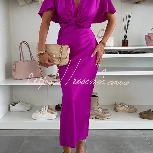 Satin Solid Color V-neck Cross Knot Slim Maxi Dress