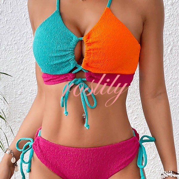 Fashion Contrast Color Sexy Cross Strap Stretch Two Piece Bikini Swimsuit
