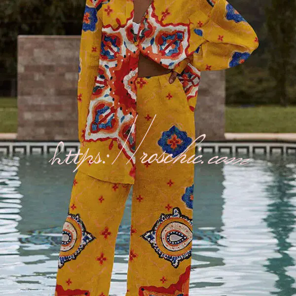Exotic Unique Printed Buttoned Elastic Waist Pant Suit