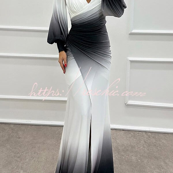 Julieta Gradient Print Boat Neck Off Shoulder Gem Detail Slit Gown Maxi Dress
