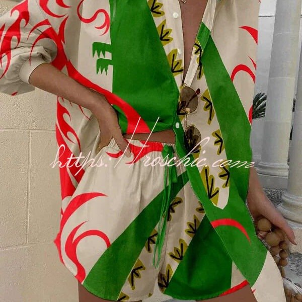 Fire Breathing Dinosaur Print Button Up Lace Up Shorts Set