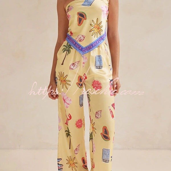 Linen Blend Unique Printed Bandeau Top and Elastic Waist Pocket Pants Set