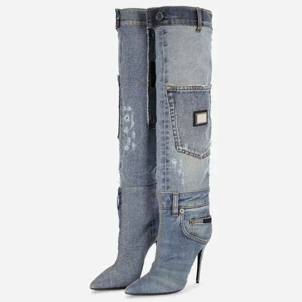Blue Pointed Toe Stiletto Heel Pocket Over The Knee Denim Boots
