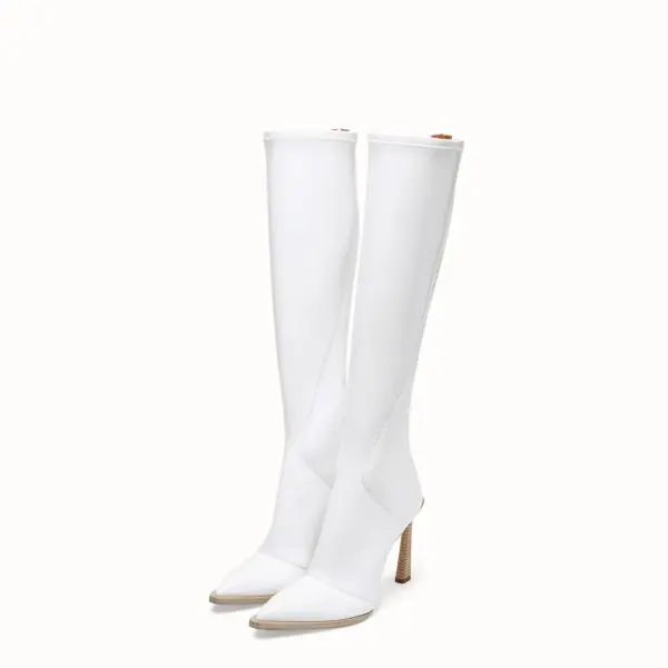 White & Brown Patent Leather Pointed Toe Knee High Heeled Boots